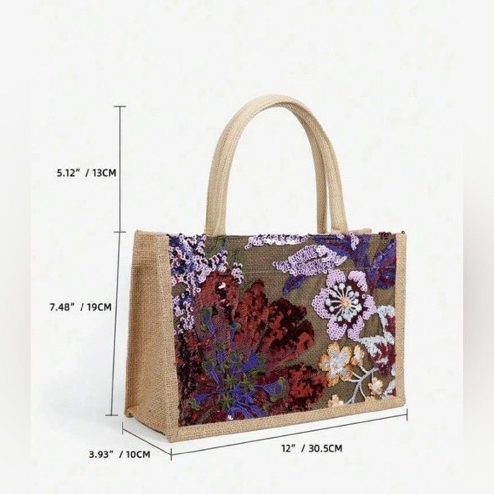 Sequin Embroidery Floral Stitching Linen Tote Bag NWT - Picture 4 of 13